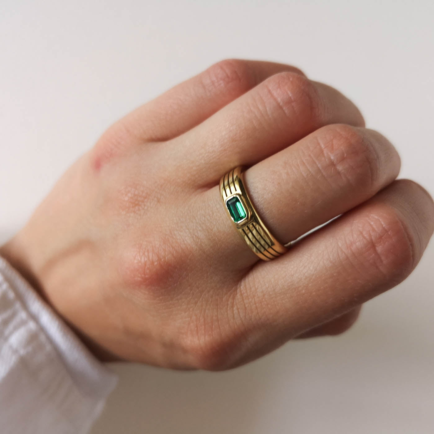 Tri-Grooved Men’s Engagement Ring with Emerald